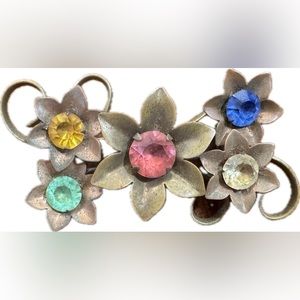 ANTIQUE Copper Floral Brooch with Colored Jewels